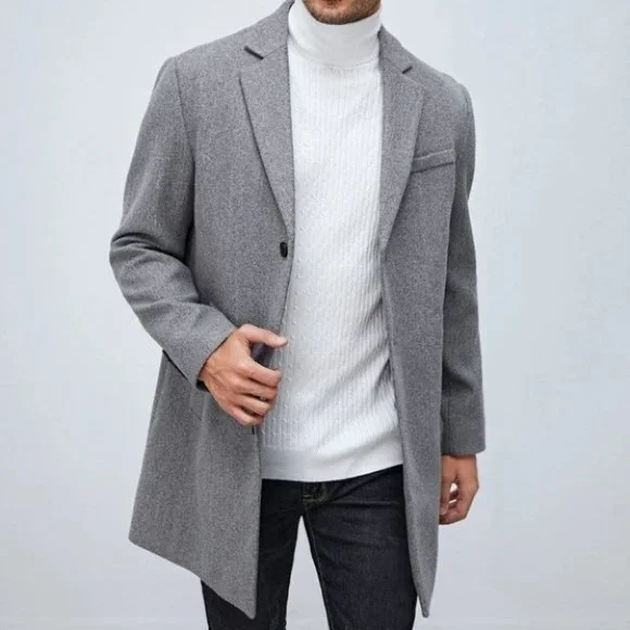 Work Style Gray Lapel Neck Men's Overcoat - Picture 1 of 5